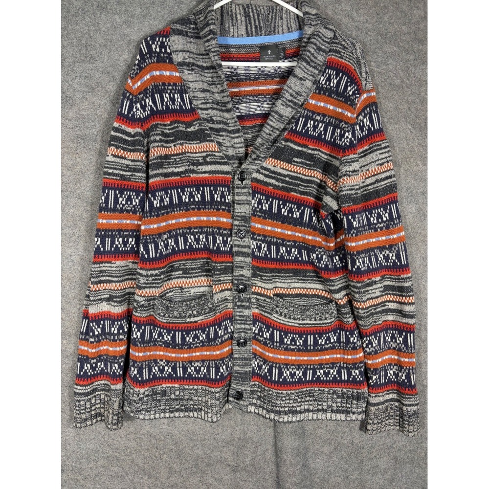Hawkings McGill Mens Large Shawl Collar Fair Isle Cardigan Sweater Grey Orange